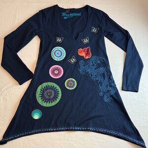 Desigual Navy Long Sleeve V Neck Tunic with Embroidered Motifs Size L